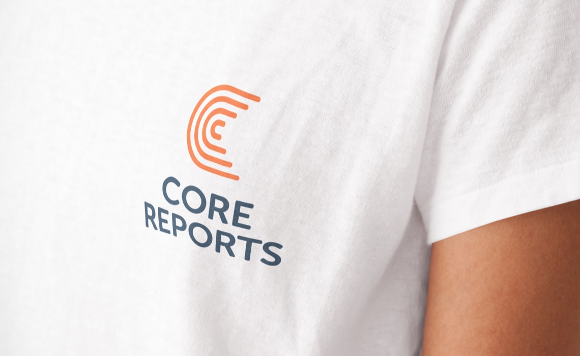 Core Reports – brand identity on a t-shirt